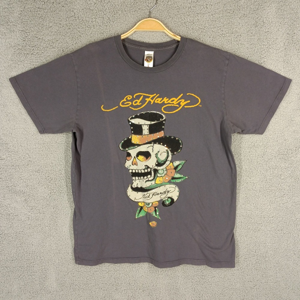 Ed Hardy Skull Rhinestone Graphic T-Shirt Large Short‎ Sleeve Top Gray